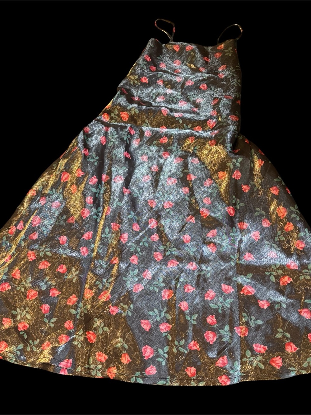 Black Floral Print Slip Dress Lace Up Style Back Size Large Shimmery Rayon Fabri